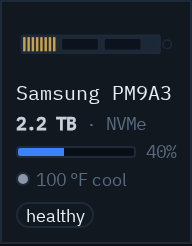 One NVMe drive rendered as a card: Samsung PM9A3, 2.2 TB NVMe, 40% used, 100°F, SMART healthy.