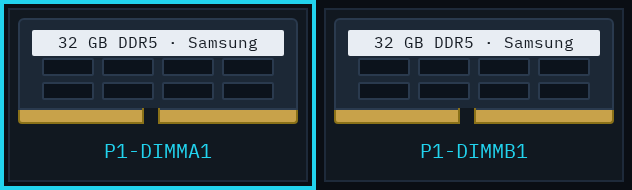 Two DDR5 memory modules drawn as physical DIMMs with PCB, gold contacts, slot label, capacity and speed.