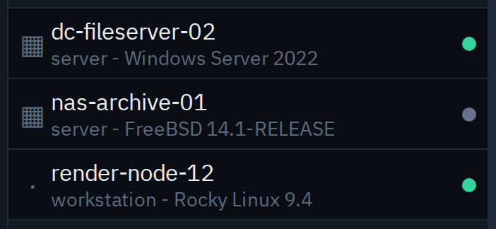 Three device rows and their status dots, including a grey dot for a device that isn't reporting.