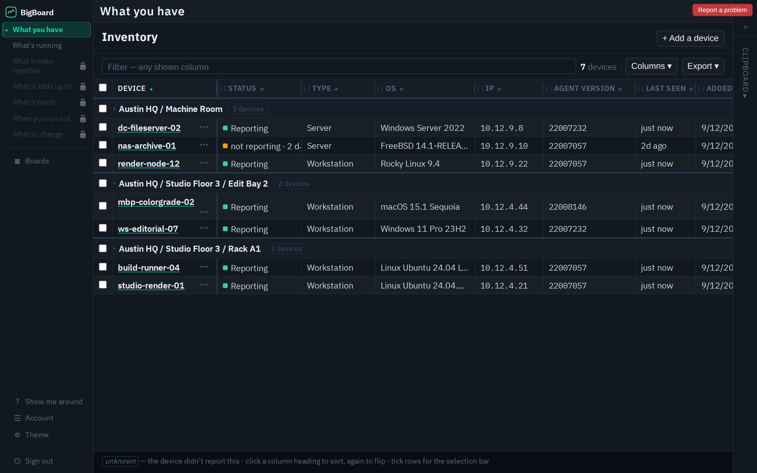 BigBoard inventory — the 'What you have' view: seven devices grouped by location under Austin HQ, each row showing status, type, OS, IP, agent version and last-seen. nas-archive-01 is shown plainly as 'not reporting · 2d' rather than a green light.